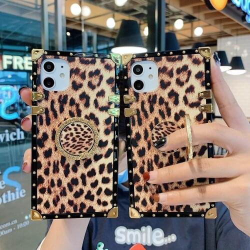 Luxury Leopard Texture Phone Case for iPhone 8 7 6 6s Plus XR X 12 Mini 11 Pro XS Max Soft Square Bracket Ring Holder Back Case