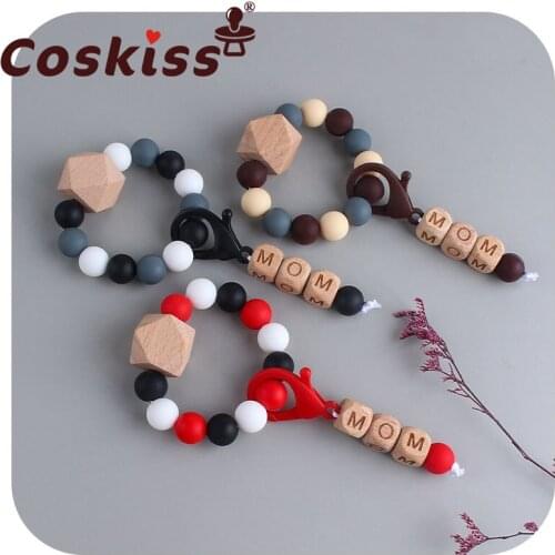 Coskiss Baby Teether Bracelet BPA Free Silicone Beads Beech Wooden Teether Soother Molar Teething Toys Lobster Clasp Rattles