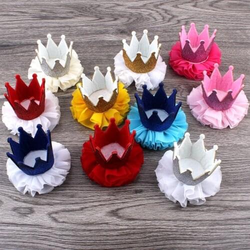 30pcs/lot 10colors Newborn 3D Felt Baby Crown+Chiffon Flower for Girl Hair Accessories Glitter Felt Crown For First Birthday Hat