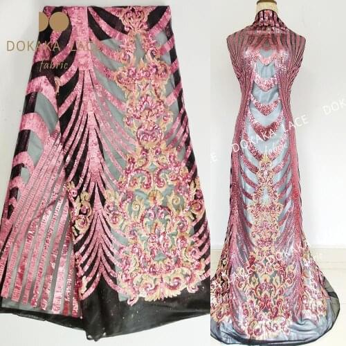 2019 Noble Prom Dresses Pink Sequined Mesh Lace Fabrics African French Sequins Tulle Voile Laces For Evening Party Dress Sewing