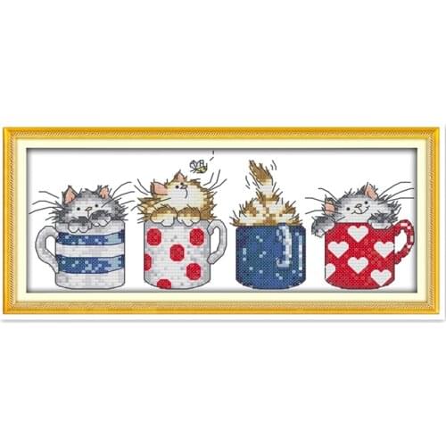 Cats Hide In The Cups Cross Stitch DMC 11CT Printed 14CT Cross Stitch DIY Chinese Cotton Cross-stitch Kit Embroidery Needlework