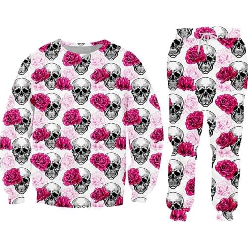 IFPD 3D Men Sets Pants + Sweatshirts 2 Pieces Suit Hip Hop Skull Print Sweatshirt Jogger Pants Pink Floral Tracksuits Streetwear