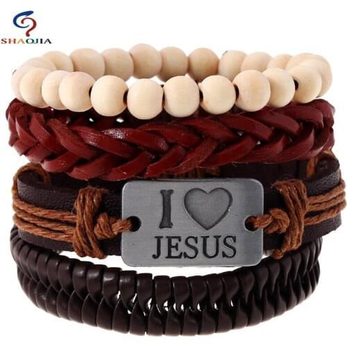 1Set 4pcs I love Jesus Leather Bracelets Antique Charm Bracelets & Bangles Rope Chain Charms Wrap Bracelet For Women Men