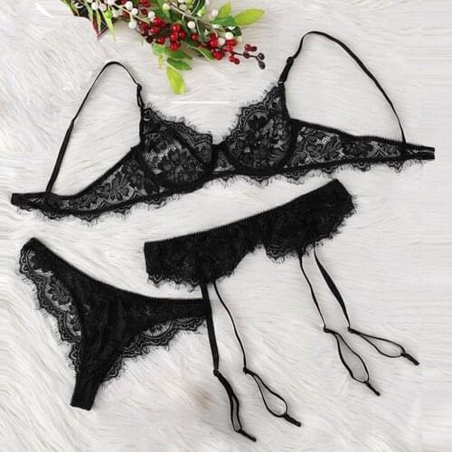 Lace Embroidery Sexy Lingerie Women Underwear Set Transparent Sexy Sensual Lingerie Woman Hot Erotic Bra Brief Sets with Garter