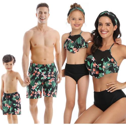Family Matching Swimwear Mom Daughter Taseel Leaf Blue Bikini Dad Son Bathing Suit Women Men Couples Outfits Girls Boys Swimsuit