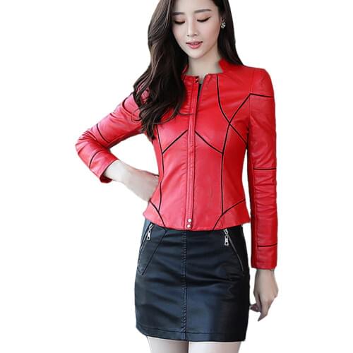 2020 Spring Autumn Women Faux Leather Jackets Zipper Basic Coat Motorcycle PU Leather Coats Red Black Biker Jacket Outerwear 599