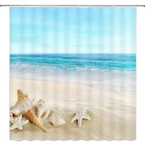 Sea Wave Beach Shower Curtains Shell Starfish Blue Sky Ocean Landscape Bathroom Decor Fabric Hanging Curtain Sets Cheap
