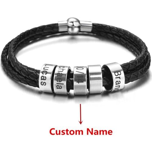 Mens Black Bracelets Personalized Stainless Steel Beads Bracelets Men Custom Name Genuine Leather Bracelet Fathers Day Jewelry