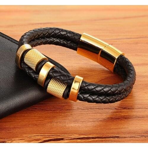 Irregular Pattern Shape Mens Fashion Stainless Steel Leather Bracelet Custom 3 Colors Classic For Handsome Boys Birthday Gift
