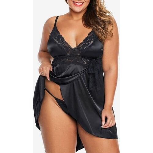 Silk Satin Night Dress Women Lace Splice Deep V Neck Nightgown Sleepwear Babydoll Nightie Home Wear Plus Size Nightdress Panties
