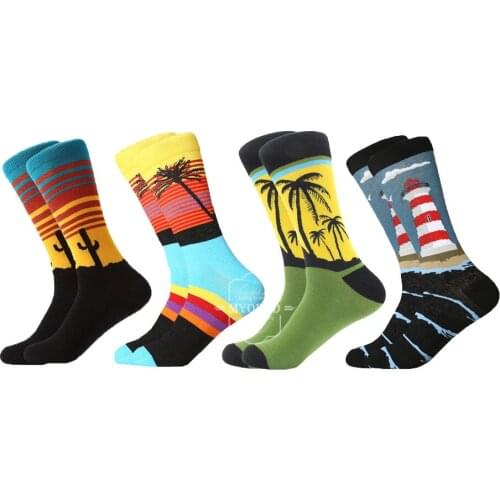 MYORED 4pairs/Lot 2020 new male socks combed cotton cartoon animal dog guitar cat rooster tree sea food shrimp novelty crew sock