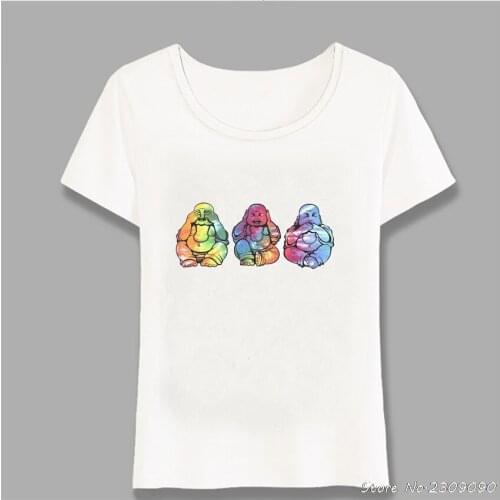New Summer Women t-shirt Buddhas See No Hear No Speak No Evil Print T-Shirt Colorful Zen Art Tops Tee Girl Short Sleeve Harajuku