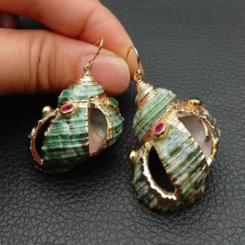 Green Sea shell Spiral Cz pave Gold color Plated Hook Dangle Earrings fashion vintage earrings for girl gift