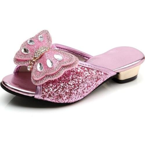Girls Slippers Summer Shoes Kids Princess Sandals Fashion Butterfly Low-heeled Children Casual Glitter Leather Beach Flip Flop