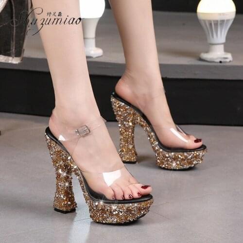SHUZUMIAO Gold Silver Buckle Strap Crystal High Heels Sandals Women Bling Glitter Wedding Bridal Party Platform Heel Shoe Summer