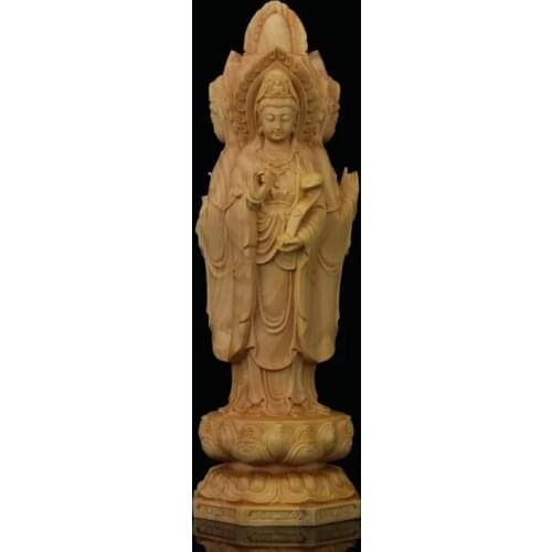 Boxwood 20cm Guanyin Sculpture Wood Buddha Statue Three Face Guan Yin with Boy Home Decor