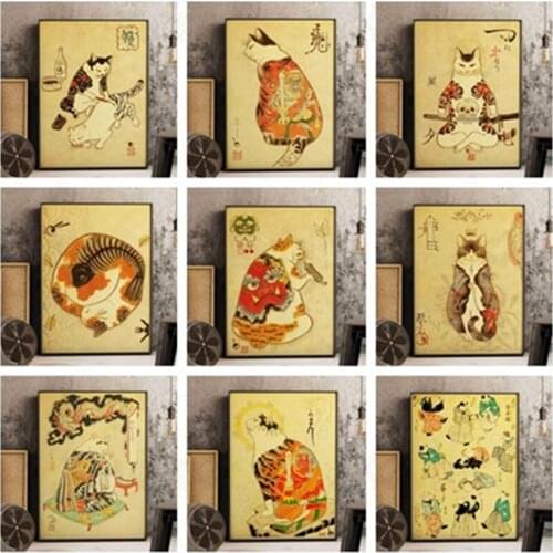 Japanese Cartoon Samurai Cat Retro Art Posters and Prints Vintage Canvas Painting On The Wall Home Decoration Bedroom Frameless
