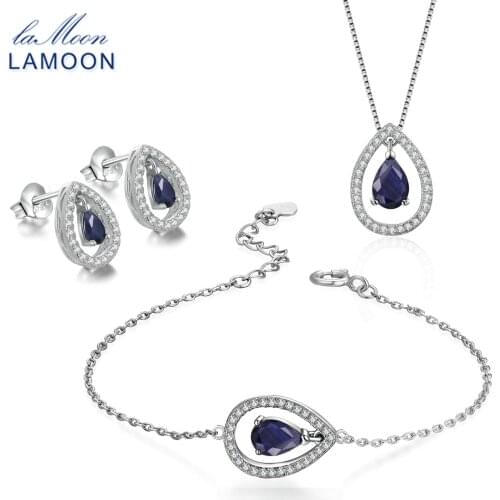 LAMOON X5mm Teardrop 100% Real Blue Sapphire 925 sterling-silver-jewelry Crown Jewelry Set S925 For Women V040-4