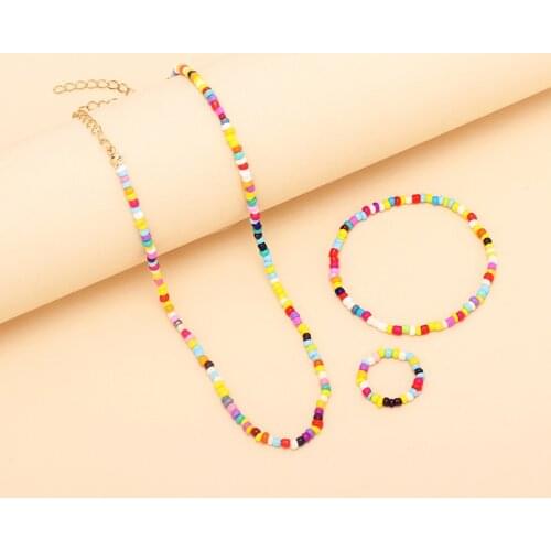 Jewelry Sets Bohemia Trendy Multicolor Beads Ring Jewelry Boho Earring and Necklace Set 2021 bijoux femme parures bijoux