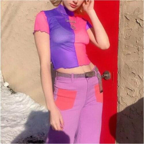Women T-Shirt Summer Casual See-Through Sexy Ladies Sheer Mesh Tops Short Sleeve Turtleneck Slim Fit Color Block Party Clubwear
