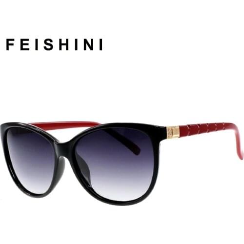 Feishini Luxury Polaroid UV400 Sun Glasses Cat Eye Elegant Checked Sexy Advanced Gradient Sunglasses Women Polarized Vintage