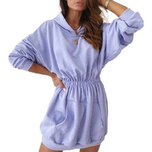 Plus size dress apparel Women Casual Autumn Solid Color Long Sleeve Hoodie Sweatshirt Pocket Mini Dress