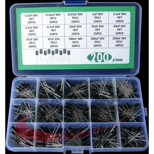 200pcs/lot Radial capacitors set 15Values 0.1uF-220uF Electrolytic Capacitor Assortment Kit 10V/16V/25V/50V capacitor pack