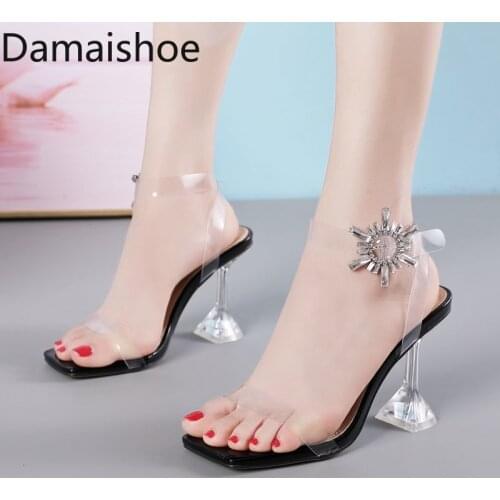 2021 Summer Transparent Sandals Womens Ankle-Strap High Heels Net Celebrity Rhinestone Pointed Toe Back Open Shoes Fairy Style