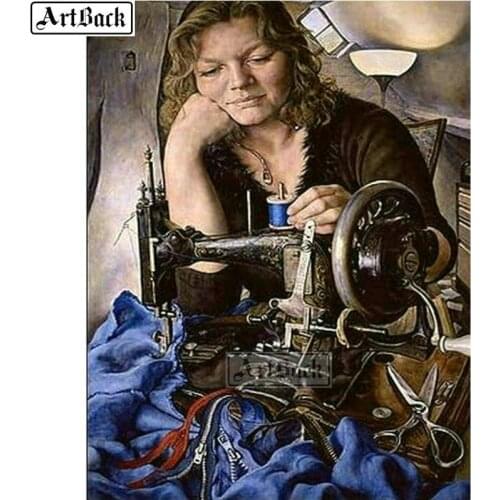 5d diy diamond painting woman sewing machine landscape full square 3d diamond mosaic diamond embroidery home decoration sticker