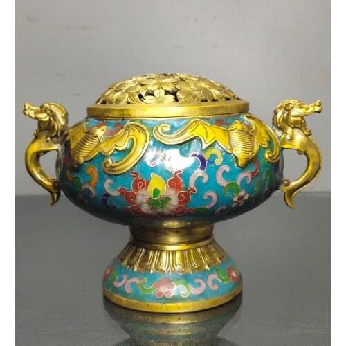 7"Tibet temple Old Bronze Gilt Cloisonne Enamel Chinese dragon Binaural Fulinmen Incense burner Bat statue Town House Exorcism