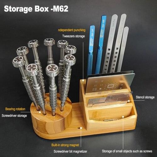 Amaoe M62 Bamboo Storage Box Rotating Magnetic Screwdriver Tweezers Holder for Phone Desktop Organizing Repair Tool