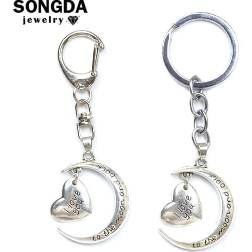 I Love You Moom Bock Keychain Heart Crescent Moon Pattern Metal Silver Color Key Ring for Bag Pendant Jewelry Accessories Gifts