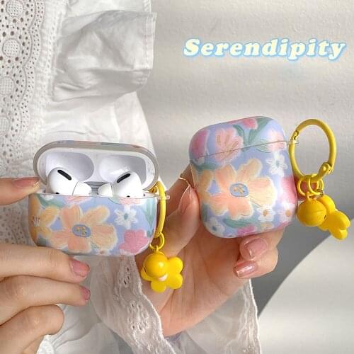 Dream Cartoon Flowers Cover Case for Apple AirPods 2 Case Soft IMD Bluetooth Earphone Case for AirPod PRO with Bells Keyring