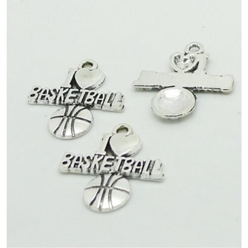 GBULK 30 Eco-friendly Alloy Words I Love Basketball Charms Antique Silver Plated Pendant 20*22mm 1.5g