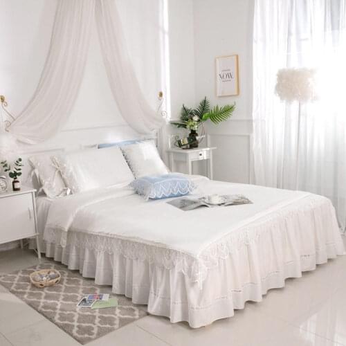 Snow White Korean Lace Ruffle Princess Home Textile Bedding Set Luxury Solid Color Quilt Cover Bedskirt Sheet Pillowcases Cotton