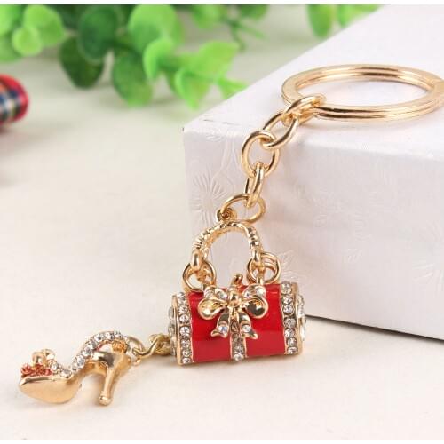 Red Lady Handbag High-heel Shoe Butterfly Bowknot New Fashion Cute Rhinestone Crystal Purse Key Ring Chain Jewelry Delicate Gift