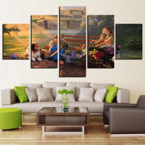 Lienzo pintura al óleo póster pared Art decó marco 5 piezas perro pastor flor chica Modular dibujo animado imagen para niños viv
