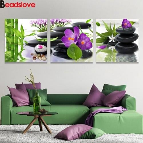 DIY Diamond Painting Bamboo stone flowers 3pcs 5D Cross Stitch square Full Diamond Embroidery rhinestones Diamond Mosaic puzzle