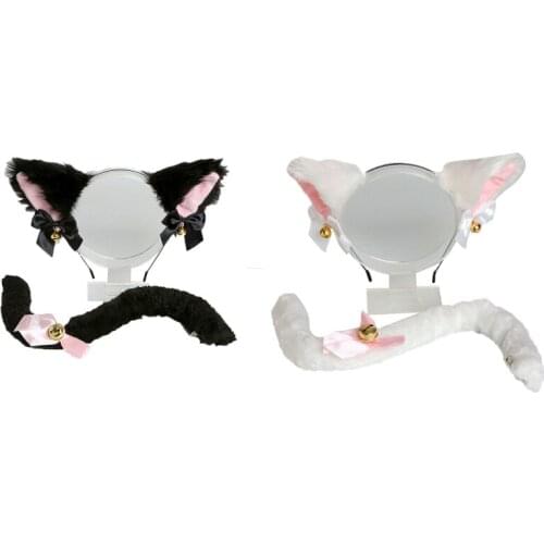 Female Fluffy Plush Cat Ears Bell Bandana Hair Clips Ribbon Bow Tie Bracelet Tail Maid Anime Lolita Halloween Costume