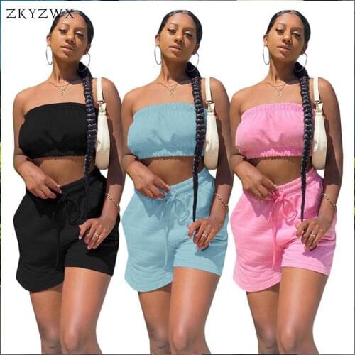 ZKYZWX Sexy Backless Two Piece Tracksuits Women Set Strapless Tops and Fashion Bandage Biker Shorts Lounge Wear Matching Sets