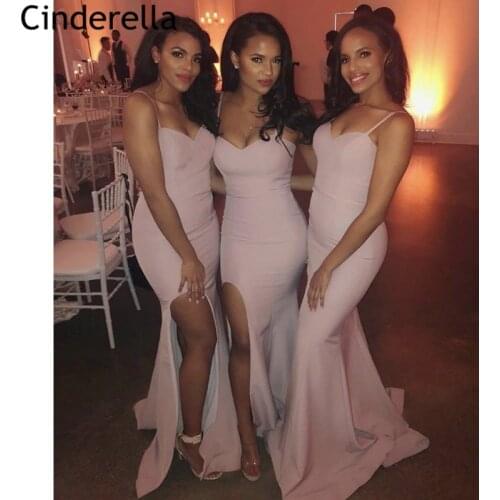 Bridesmaid Dresses Pink Side Slit Spaghetti Straps Satin Mermaid Bridesmaid Dresses With Zipper Back Wedding Party Dresses