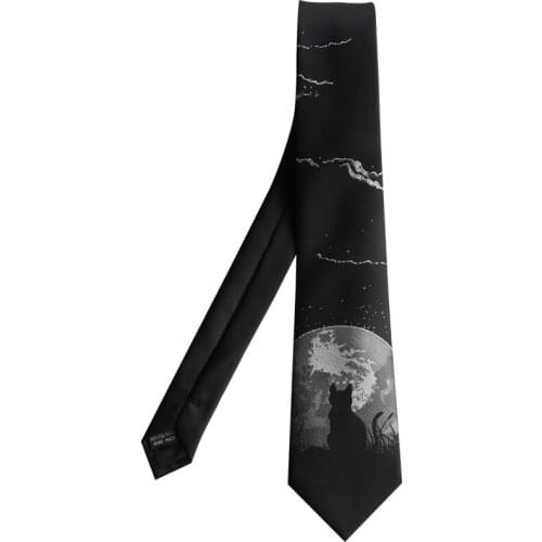 Gift Cat looking up at the starry sky black Embroidery Hand cut Premium party tie Creative neck tie width :7cm DX