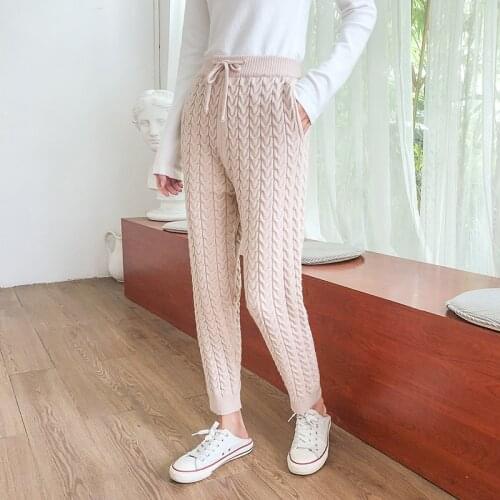 Casual thick warm twist knit small feet harem pants loose nine-point pants new elastic waist pure color elegant womens pants