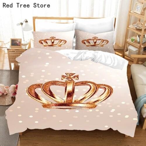 Luxury Golden Crown Pink Bedding Set 3D Custom Duvet Cover Quilt Comforter with Pillowcase King Queen Size 2-3 Pieces Bed Linen