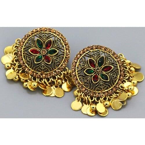 Thailand Indian Gold Silver Color Metal Stud Earrings for Women Female Ethnic Round Beads Flower Earring orecchini Party Jewelry