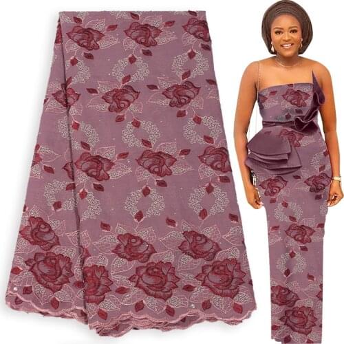 Fabricbob Dubai Fabric 100 % Cotton Voile Lace Swiss Party Rhinestone Embroidery 2021 High Quality African Lace Fabric 2.5 Yards