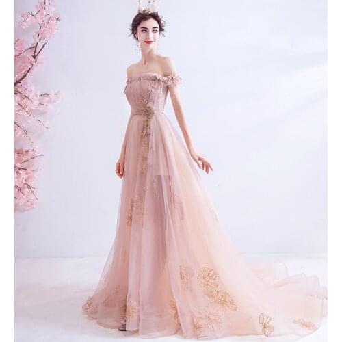 Evening Dresses Illusion Boat Neck Short Off The Shoulder Crystal Sequined Beading Train Tulle Lace Lady Formal Party Gown TS055