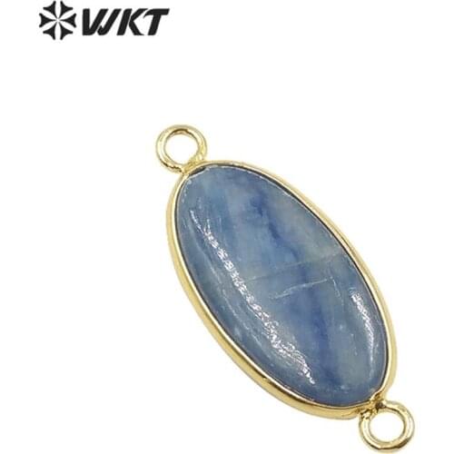 WT-P1517 Women fashion gold double loops oval shape blue kyanite pendant natural stone connector jewelry pendant