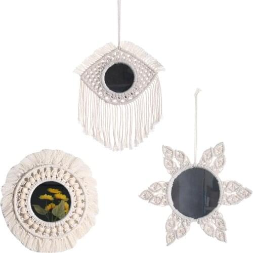 Round Macrame Mirror Wall Hanging Boho Mirror Home Decorative Wall Mirrors For Living Room Bedroom Decoration Tapestry Mirror