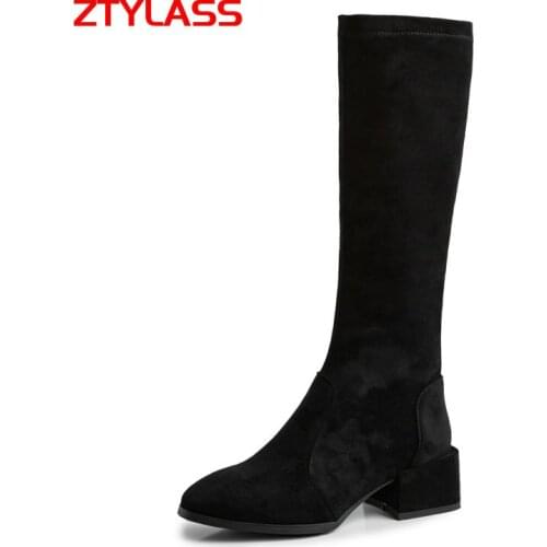 2021 Autumn Stretch Knee High Boots Flock Leather Women Boots Sqaure Low Heel Long Boots Slip On Winter Shoes Big Size 41 42 43